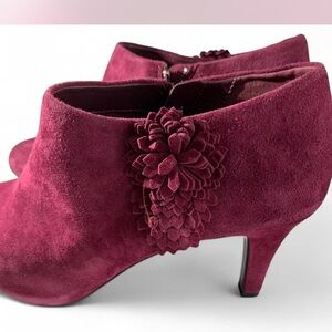 Women's Suede Ankle Booties with Floral Accent - Eggplant